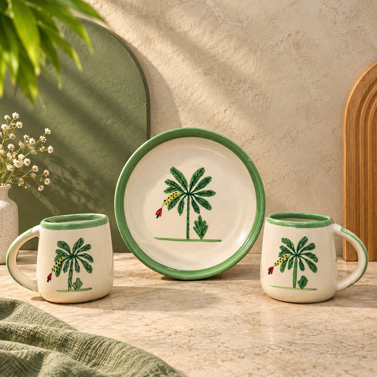 Palm Tree Ceramic Mug & Plate Set – Hand-Painted | Ghar Vibes