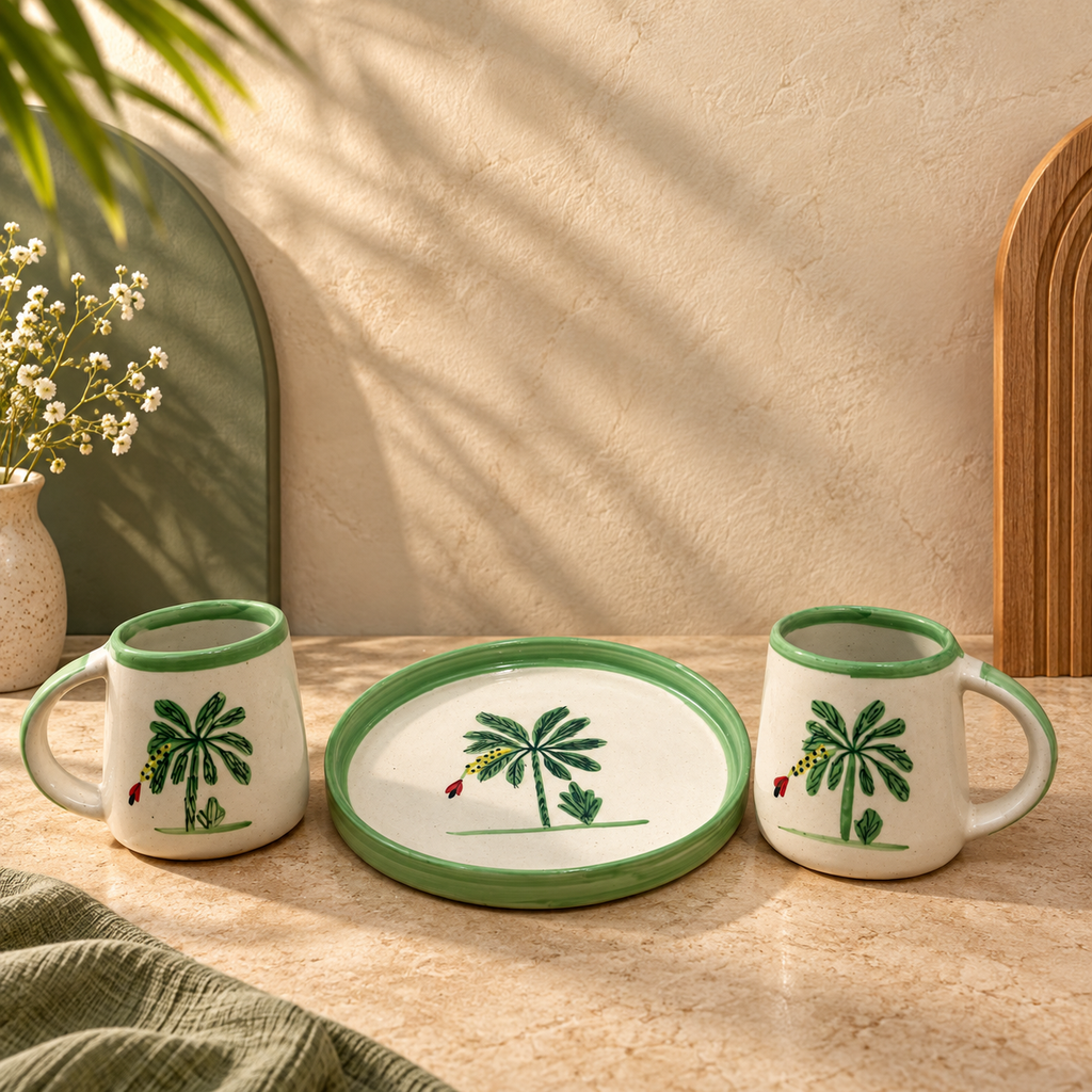 Palm Tree Ceramic Mug & Plate Set – Hand-Painted | Ghar Vibes