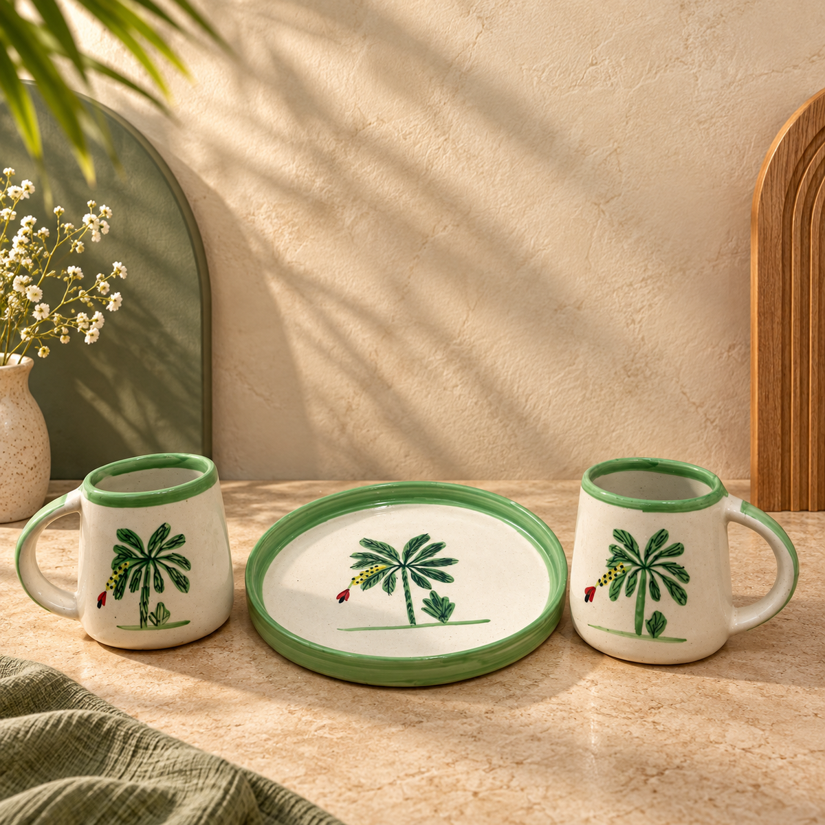 Palm Tree Ceramic Mug & Plate Set – Hand-Painted | Ghar Vibes