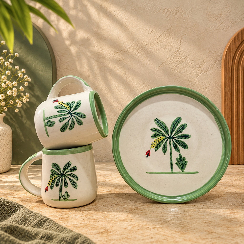 Palm Tree Ceramic Mug & Plate Set – Hand-Painted | Ghar Vibes