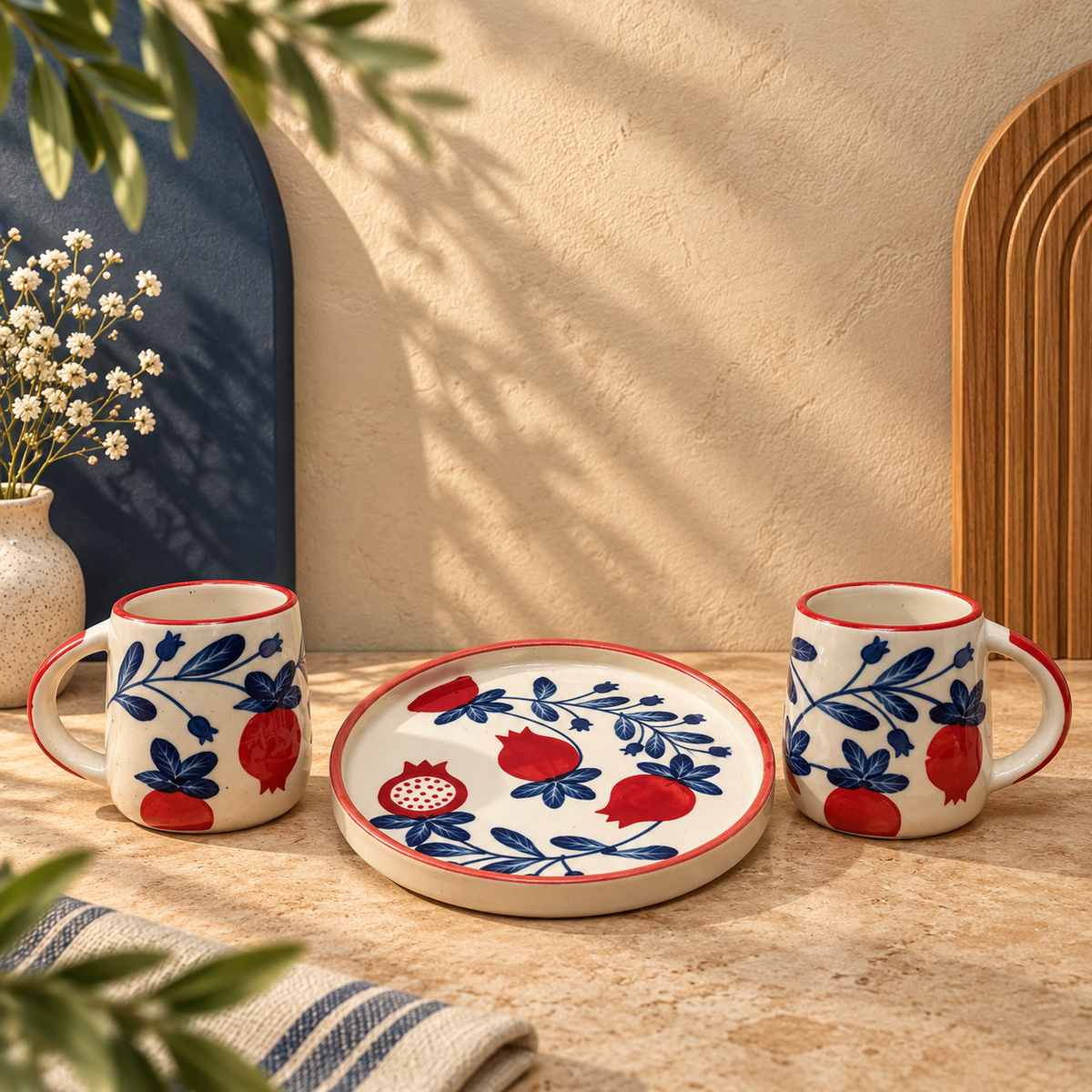 Pomegranate Ceramic Mug & Plate Set – Handmade | Ghar Vibes