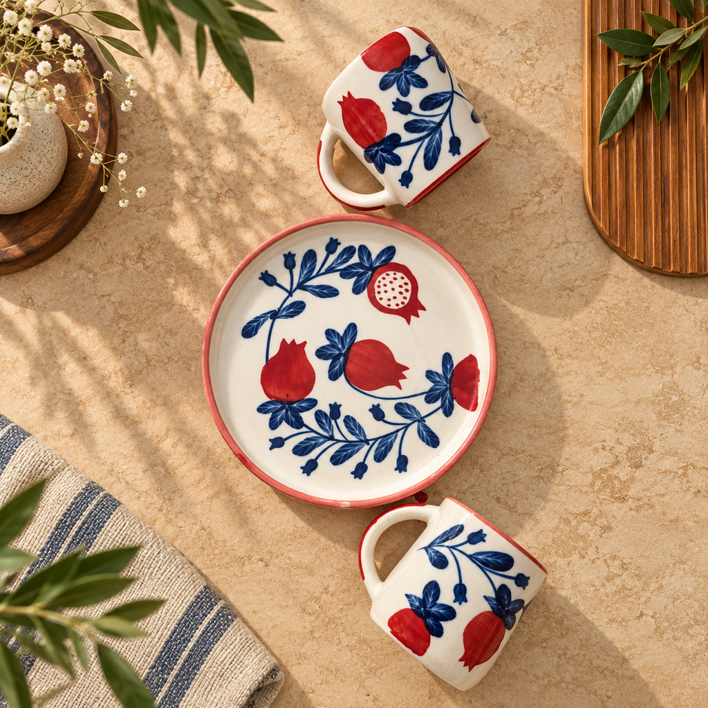 Pomegranate Ceramic Mug & Plate Set – Handmade | Ghar Vibes