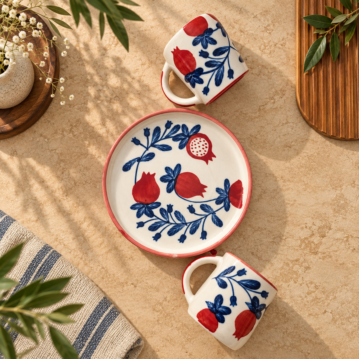 Pomegranate Ceramic Mug & Plate Set – Handmade | Ghar Vibes