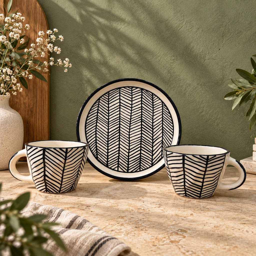 Black & White Cup and Saucer Set – Herringbone Ceramic