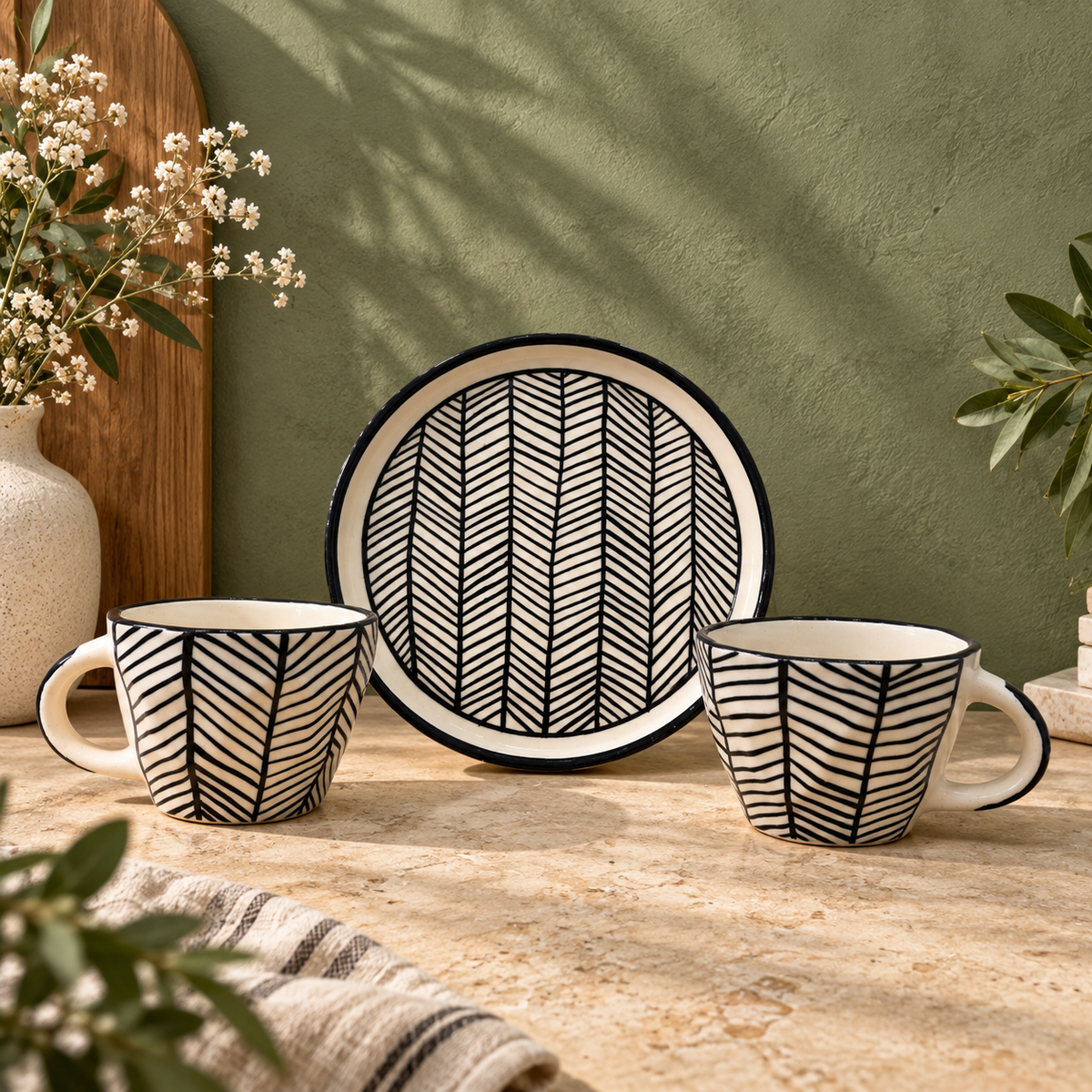 Black & White Cup and Saucer Set – Herringbone Ceramic