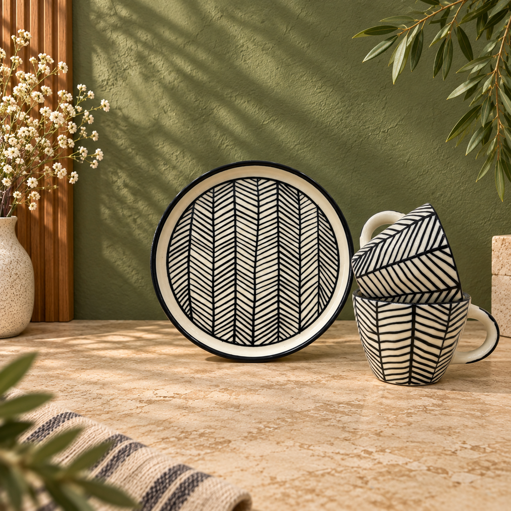 Black & White Cup and Saucer Set – Herringbone Ceramic