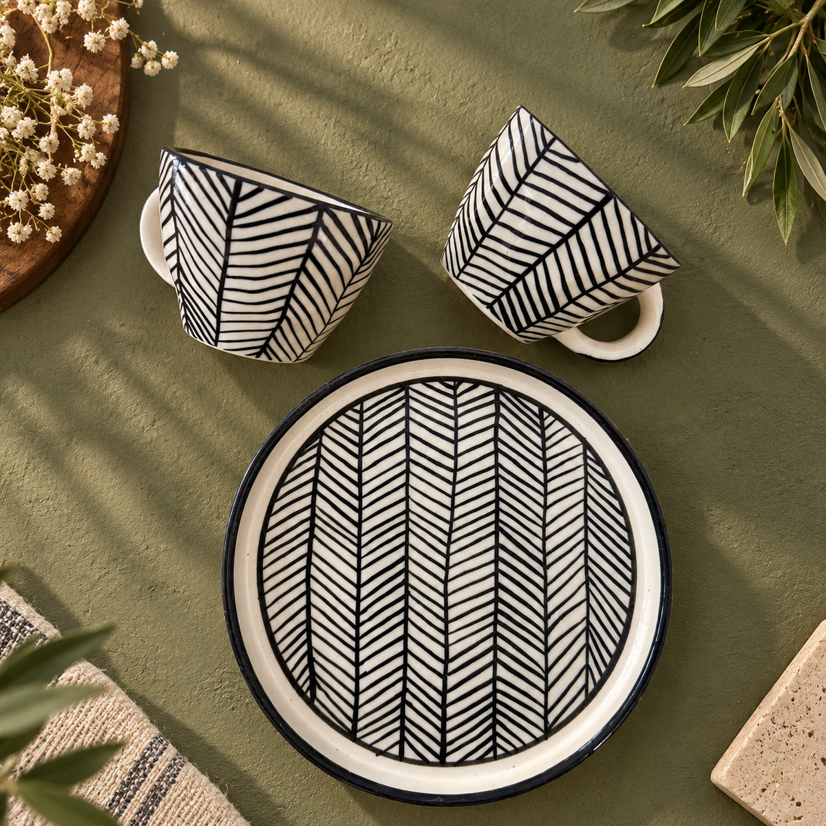 Black & White Cup and Saucer Set – Herringbone Ceramic