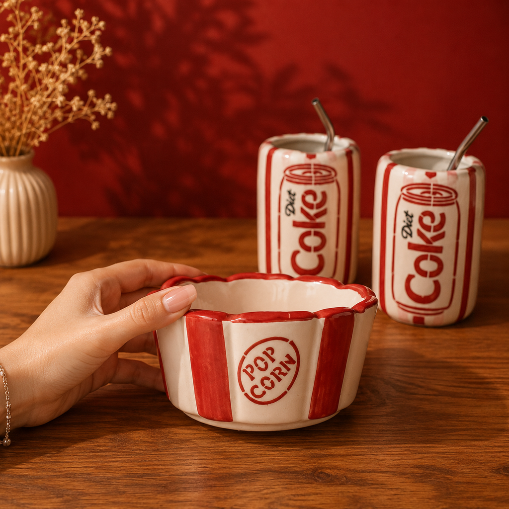 Ceramic Movie Night Set – Popcorn Bowl & 2 Cola Can Cups