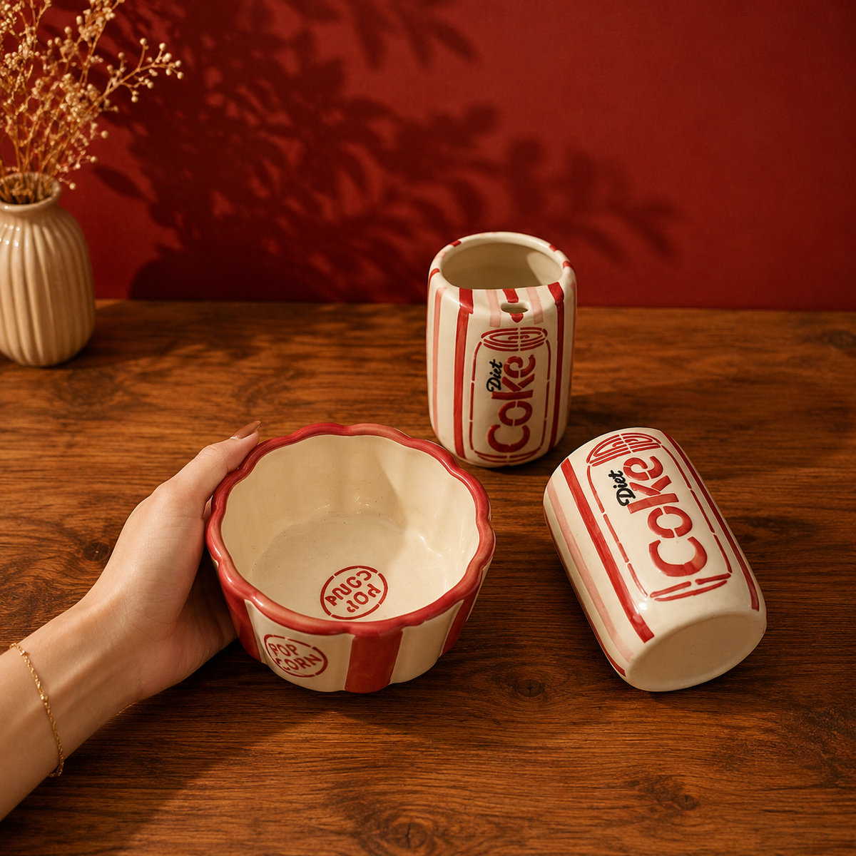 Ceramic Movie Night Set – Popcorn Bowl & 2 Cola Can Cups