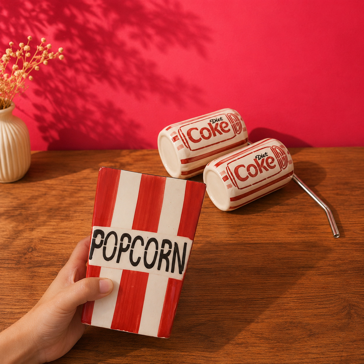 Ceramic Movie Night Set – Popcorn Bucket & Retro Cola Cups
