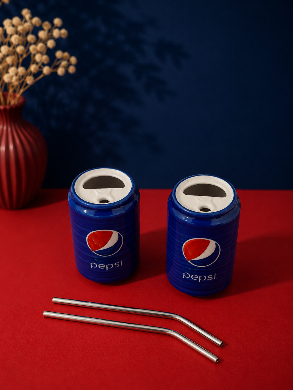 Ceramic Pepsi Can Cup Set of 2 with Straws – Blue Tumblers