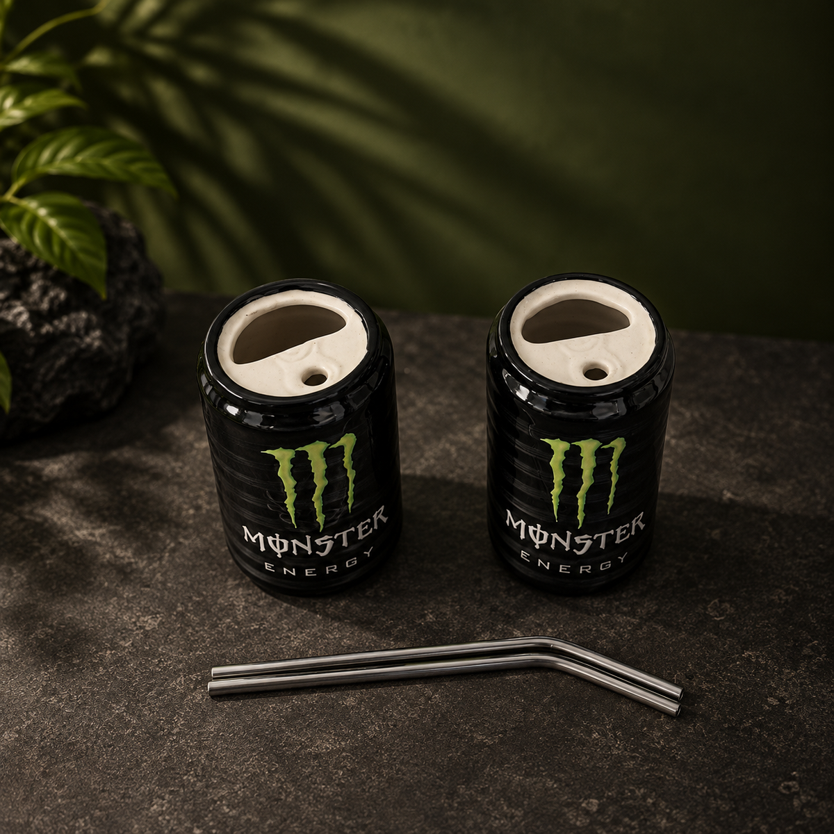Ceramic Monster Energy Drink Can Cup Set of 2 with Straws – Black