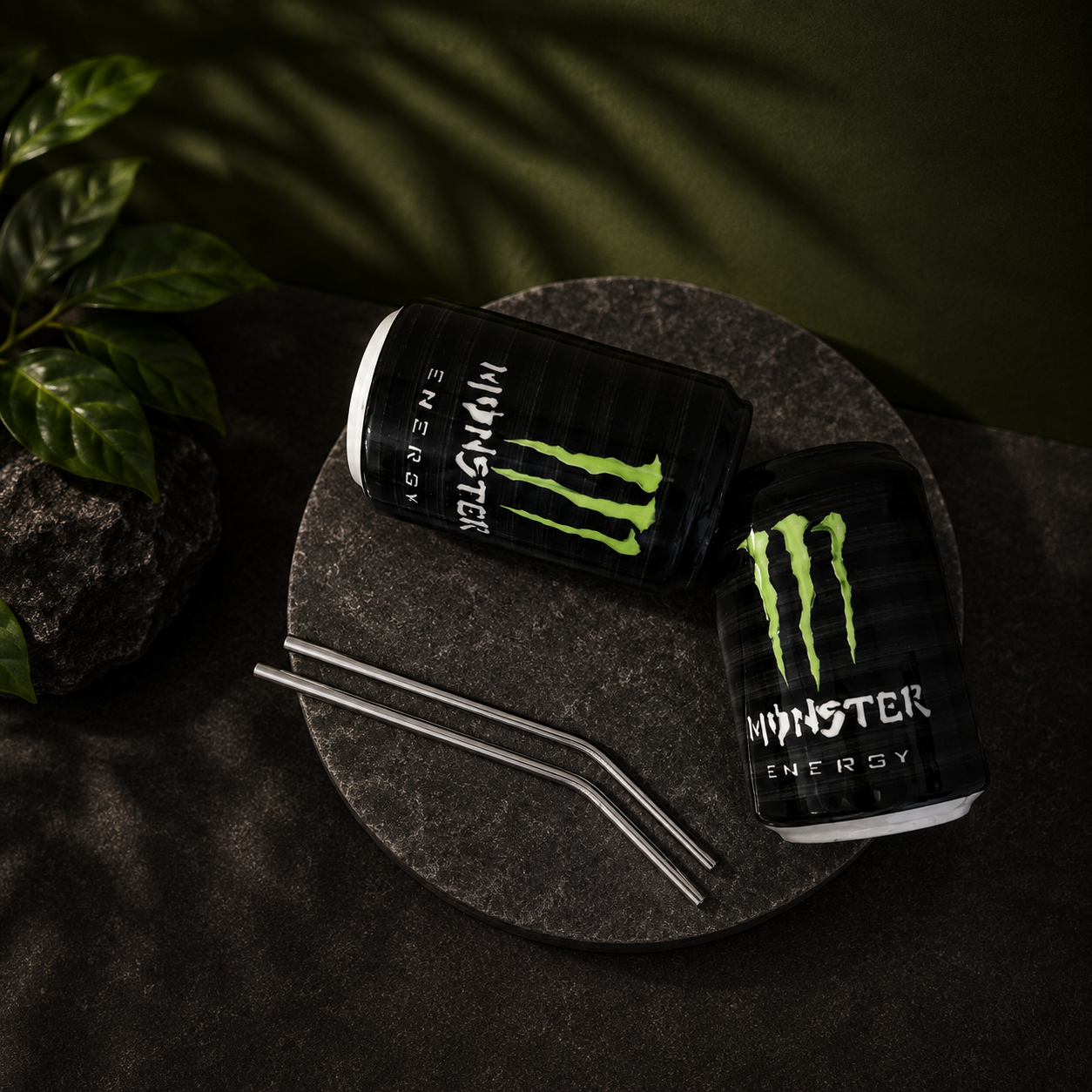 Ceramic Monster Energy Drink Can Cup Set of 2 with Straws – Black
