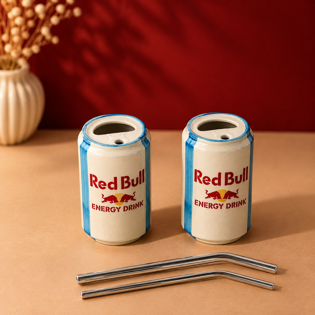 Ceramic Red Bull Energy Drink Can Cup Set of 2 with Straws – Cream