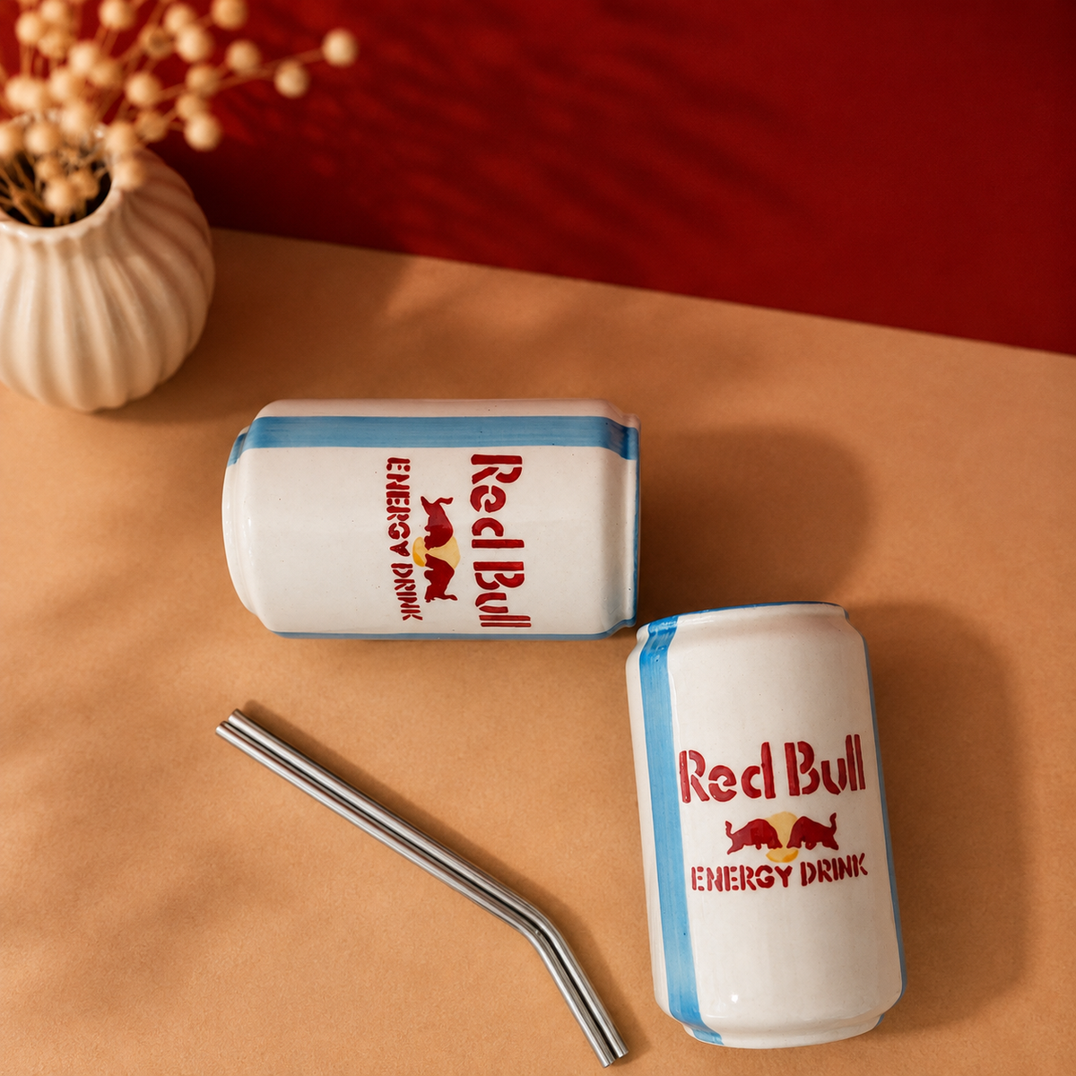 Ceramic Red Bull Energy Drink Can Cup Set of 2 with Straws – Cream