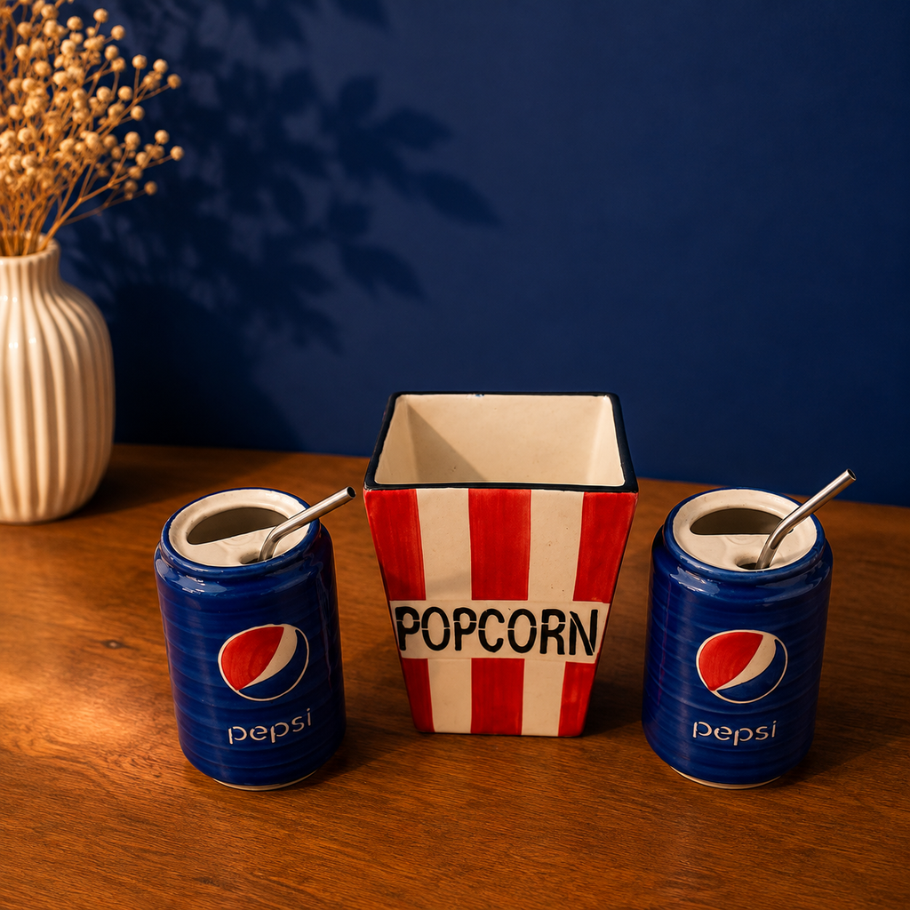 Ceramic Movie Night Set – Popcorn Bucket & Pepsi Can Set of 2