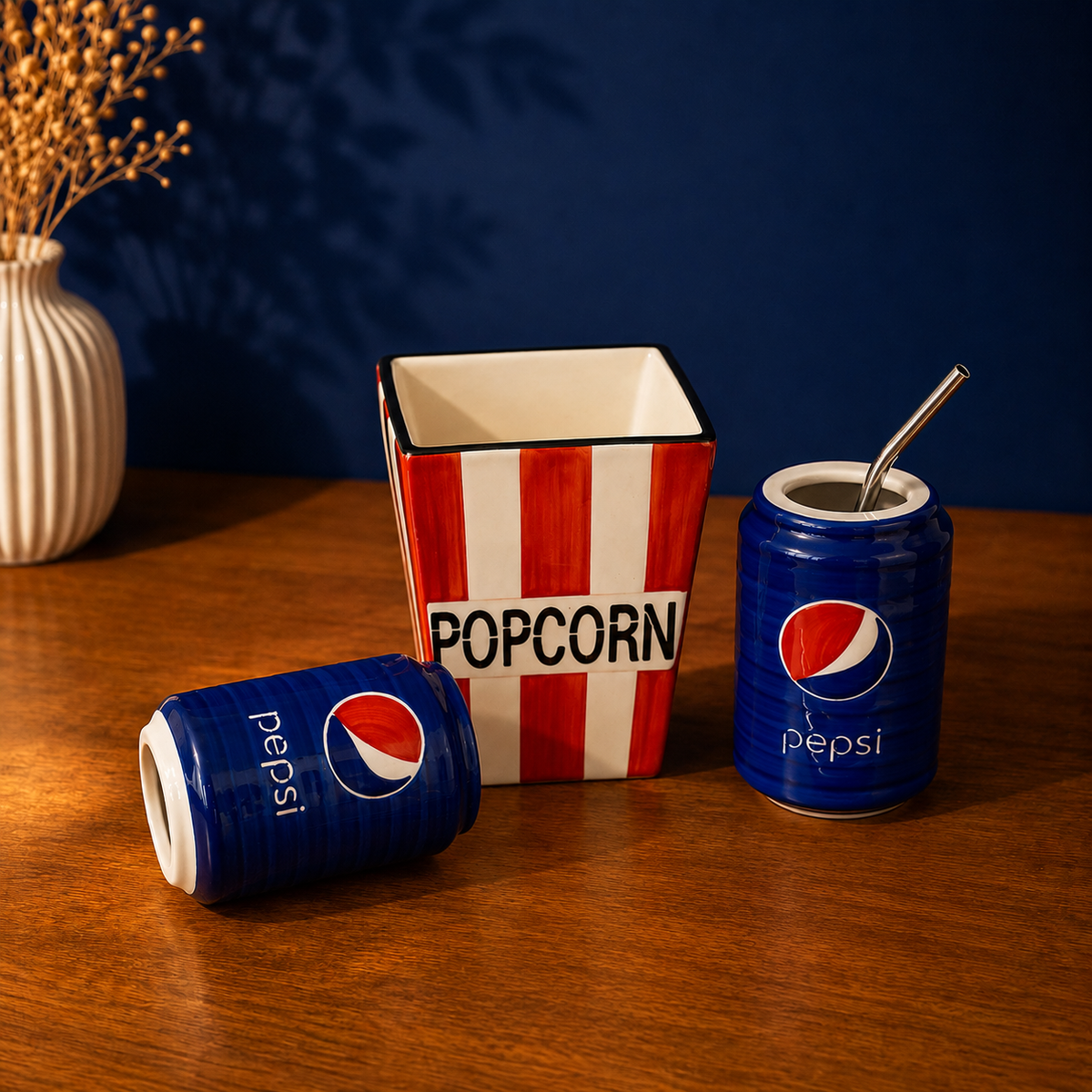 Ceramic Movie Night Set – Popcorn Bucket & Pepsi Can Set of 2