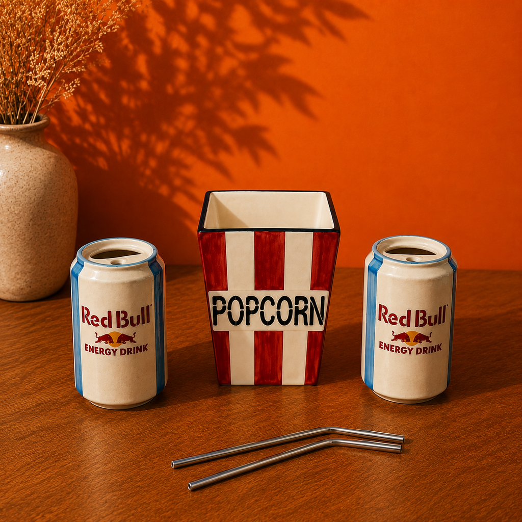 Ceramic Movie Night Set – Popcorn Bucket & Red Bull Energy Can Cups