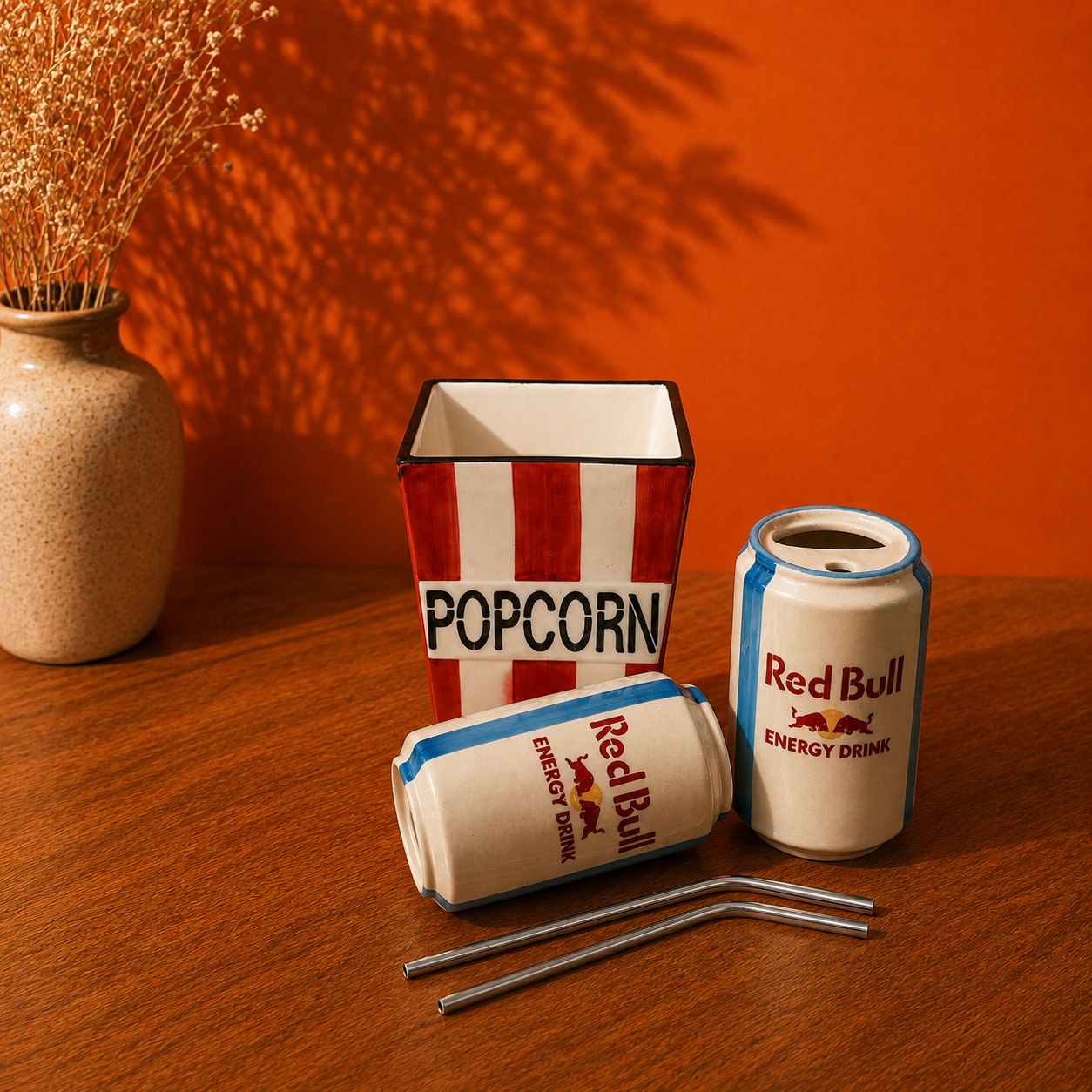 Ceramic Movie Night Set – Popcorn Bucket & Red Bull Energy Can Cups
