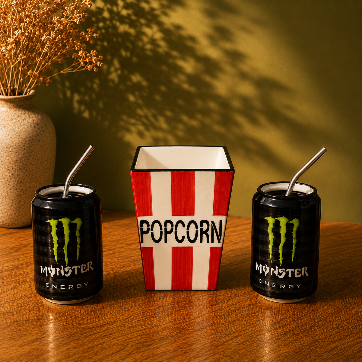 Ceramic Movie Night Set – Popcorn Bucket & Monster Can Cups Set