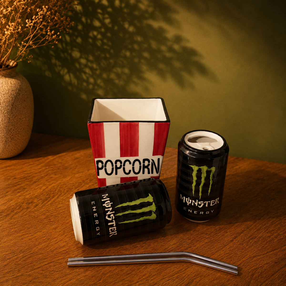Ceramic Movie Night Set – Popcorn Bucket & Monster Can Cups Set