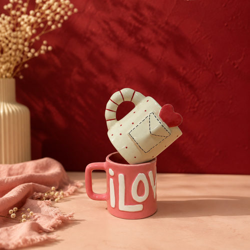Ceramic "I Love You" Mug Set of 2 — Embossed & Envelope