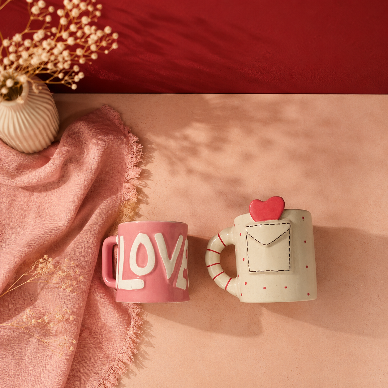 Ceramic "I Love You" Mug Set of 2 — Embossed & Envelope
