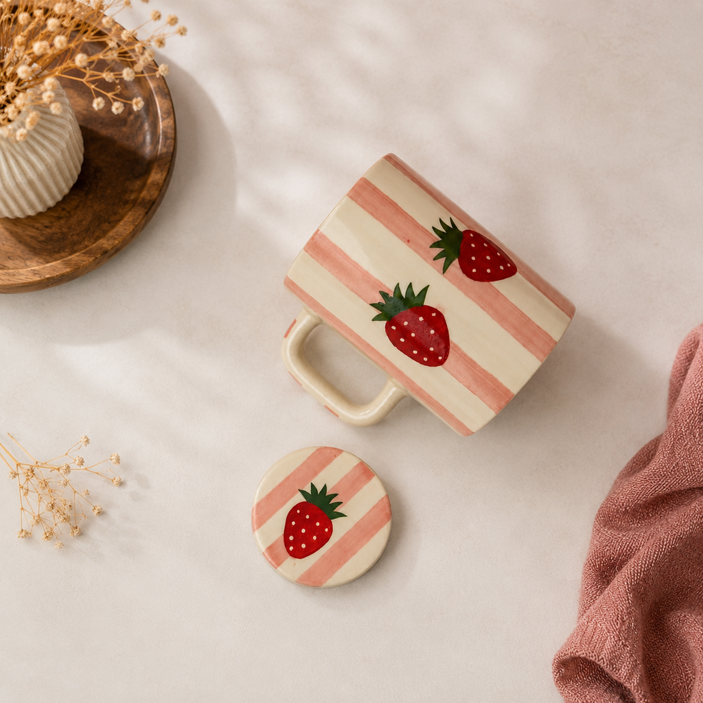 Strawberry Stripe Ceramic Mug with Lid | Ghar Vibes