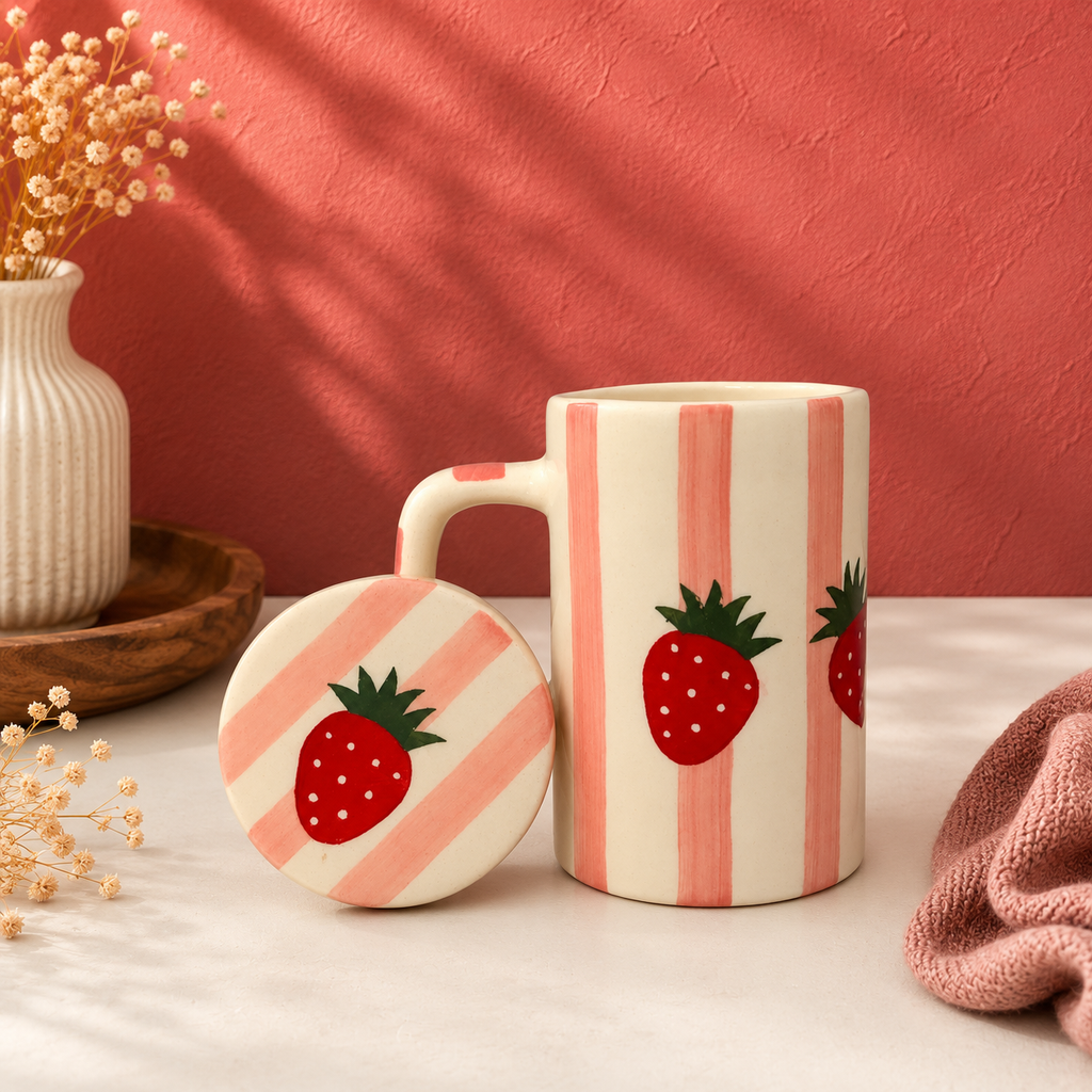 Strawberry Stripe Ceramic Mug with Lid | Ghar Vibes