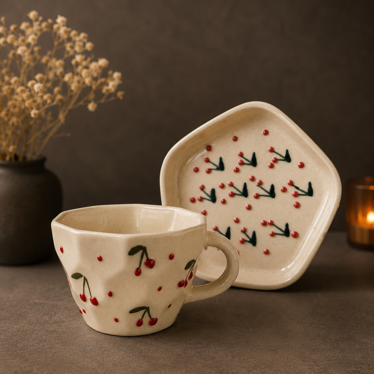 Charming Cherry Facets Cup & Saucer Set