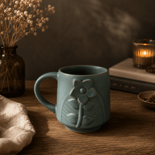 3D Floral Ceramic Coffee Mug — Powder Blue
