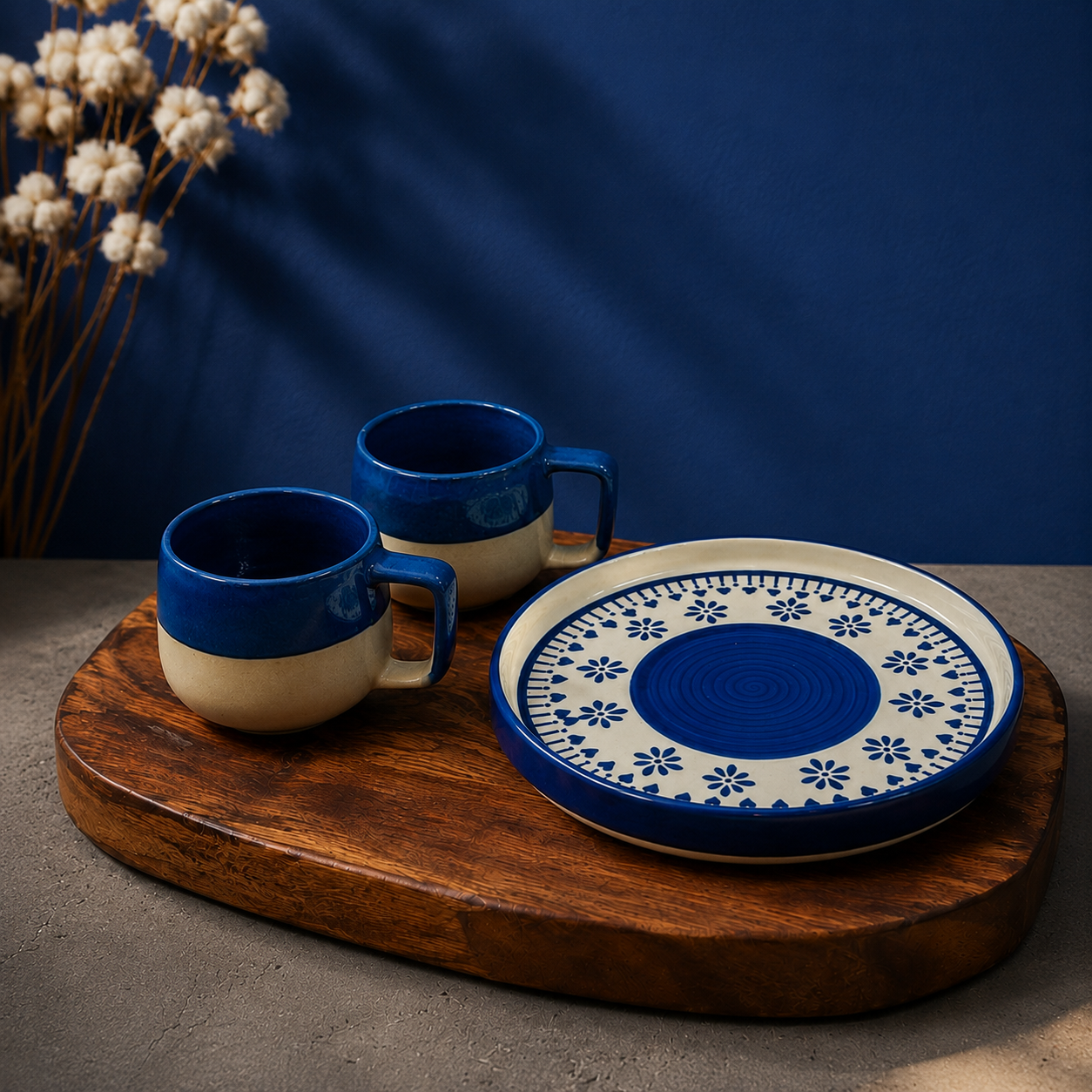 The "Indigo Dip" Mug & Tray Set