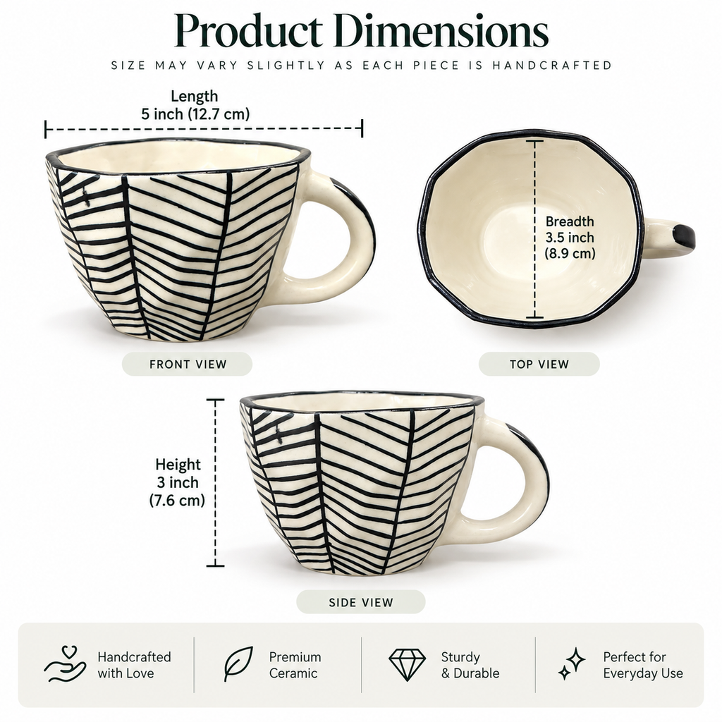 Black & White Cup and Saucer Set – Herringbone Ceramic
