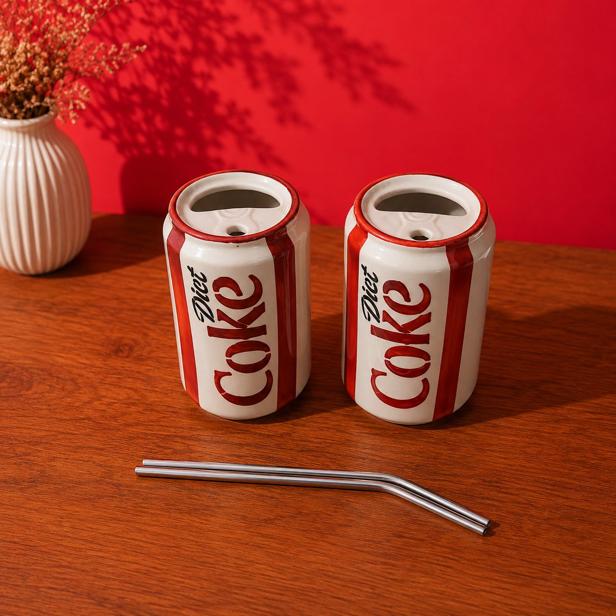 Ceramic Cola Can Cup Set of 2 with Straws – Soda Tumblers