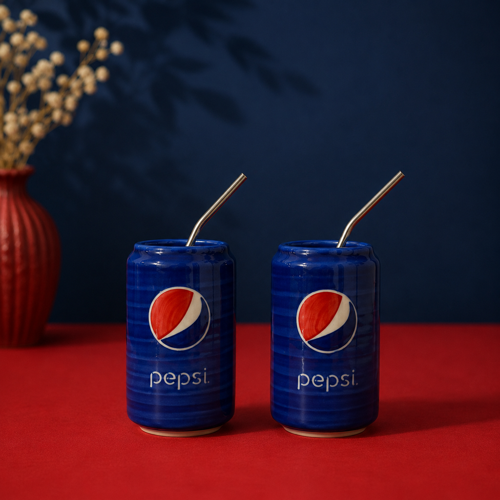 Ceramic Pepsi Can Cup Set of 2 with Straws – Blue Tumblers