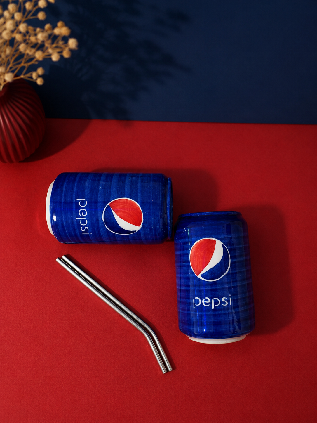 Ceramic Pepsi Can Cup Set of 2 with Straws – Blue Tumblers
