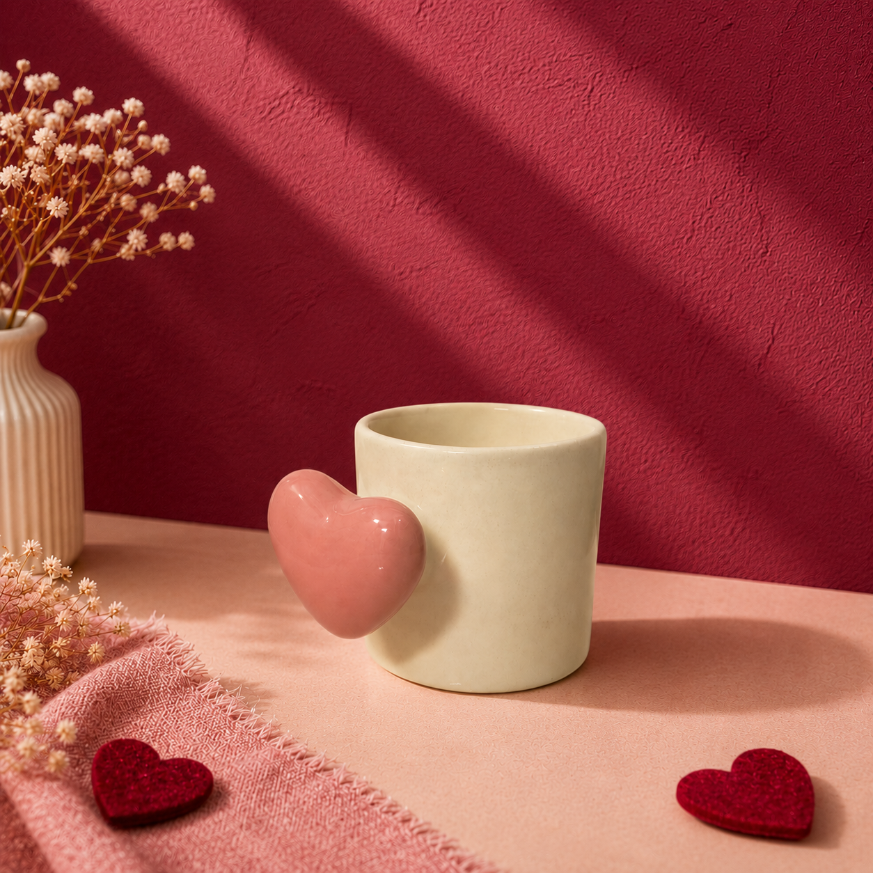 Cream ceramic mug with soft pink sculpted 3D heart accent
