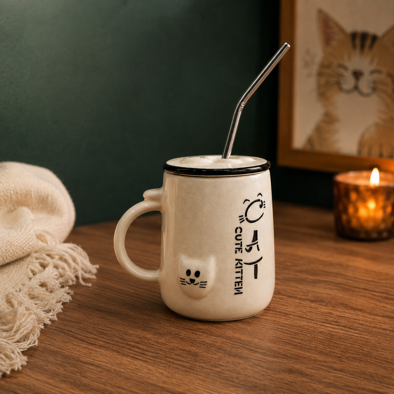 handmade cat ceramic sipper mug with 3D cat face and steel straw