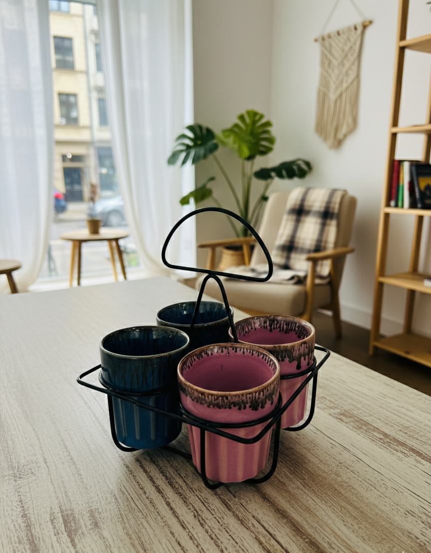 The "Rustic Drip" Chai Kulhad Set of 4 & Caddy