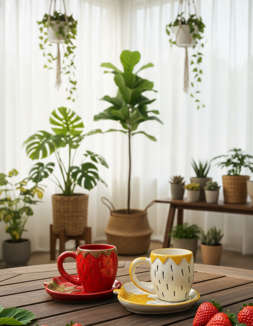 The "Berry Basket" Mug & Saucer Duo  Option 2 (Aesthetic Focus): Summer Harvest Ceramic Set