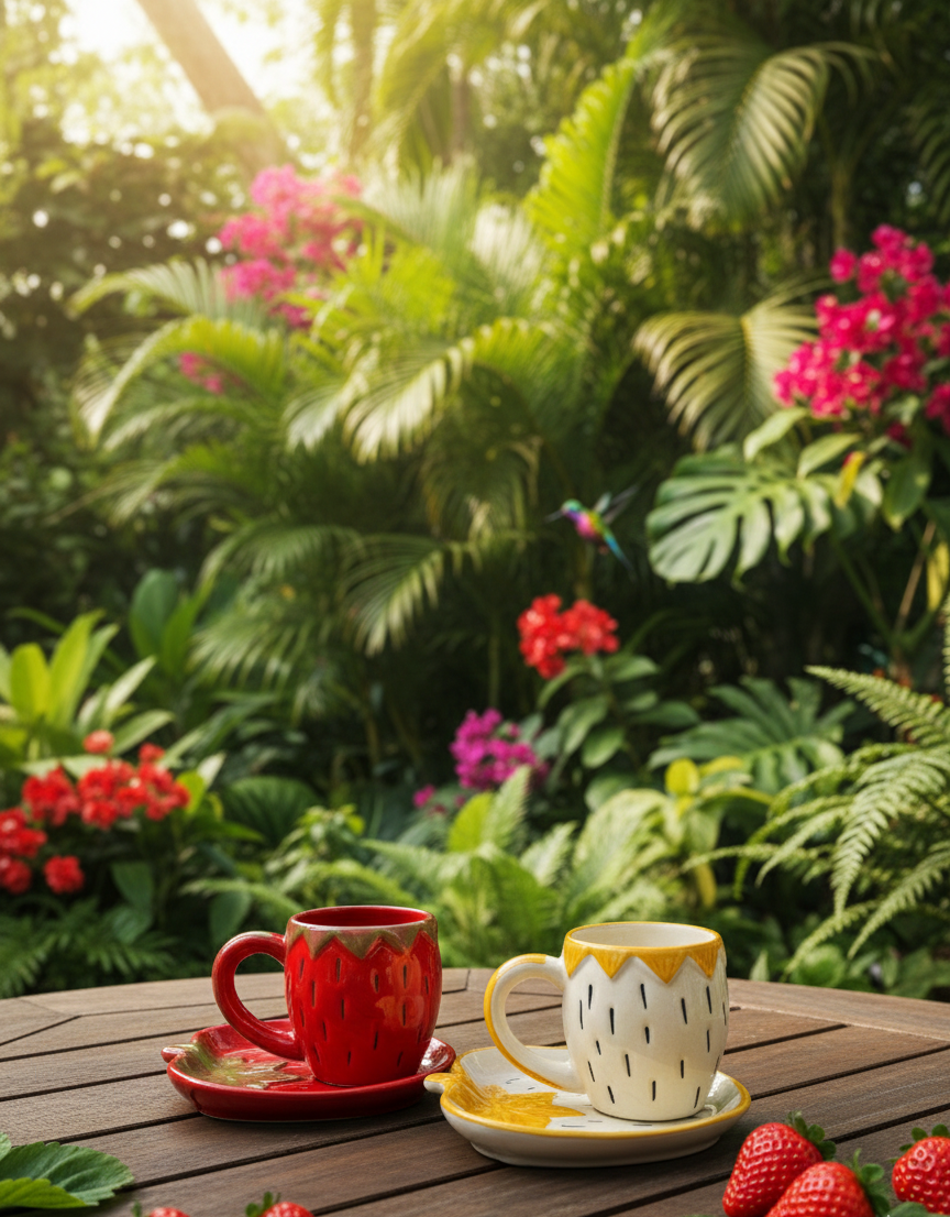 The "Berry Basket" Mug & Saucer Duo  Option 2 (Aesthetic Focus): Summer Harvest Ceramic Set