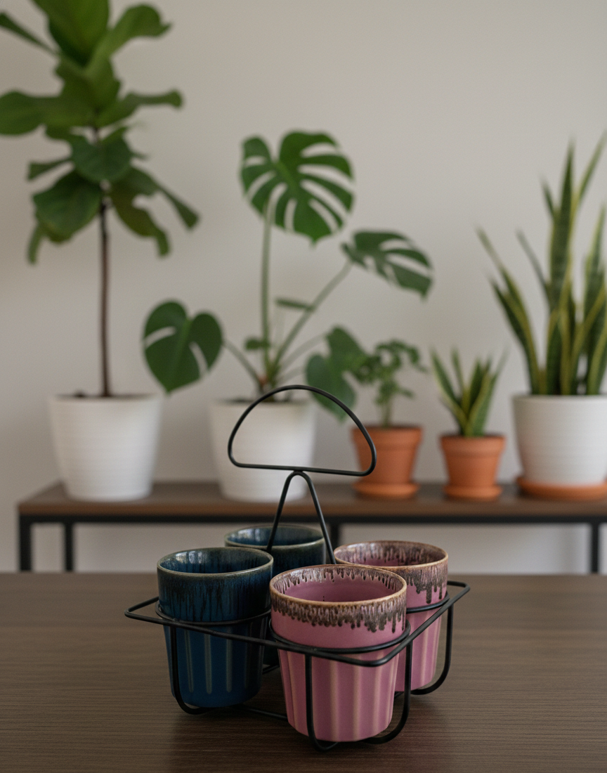 The "Rustic Drip" Chai Kulhad Set of 4 & Caddy