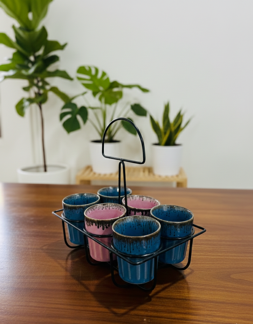 The "Rustic Drip" Chai Kulhad Set of 6 & Caddy