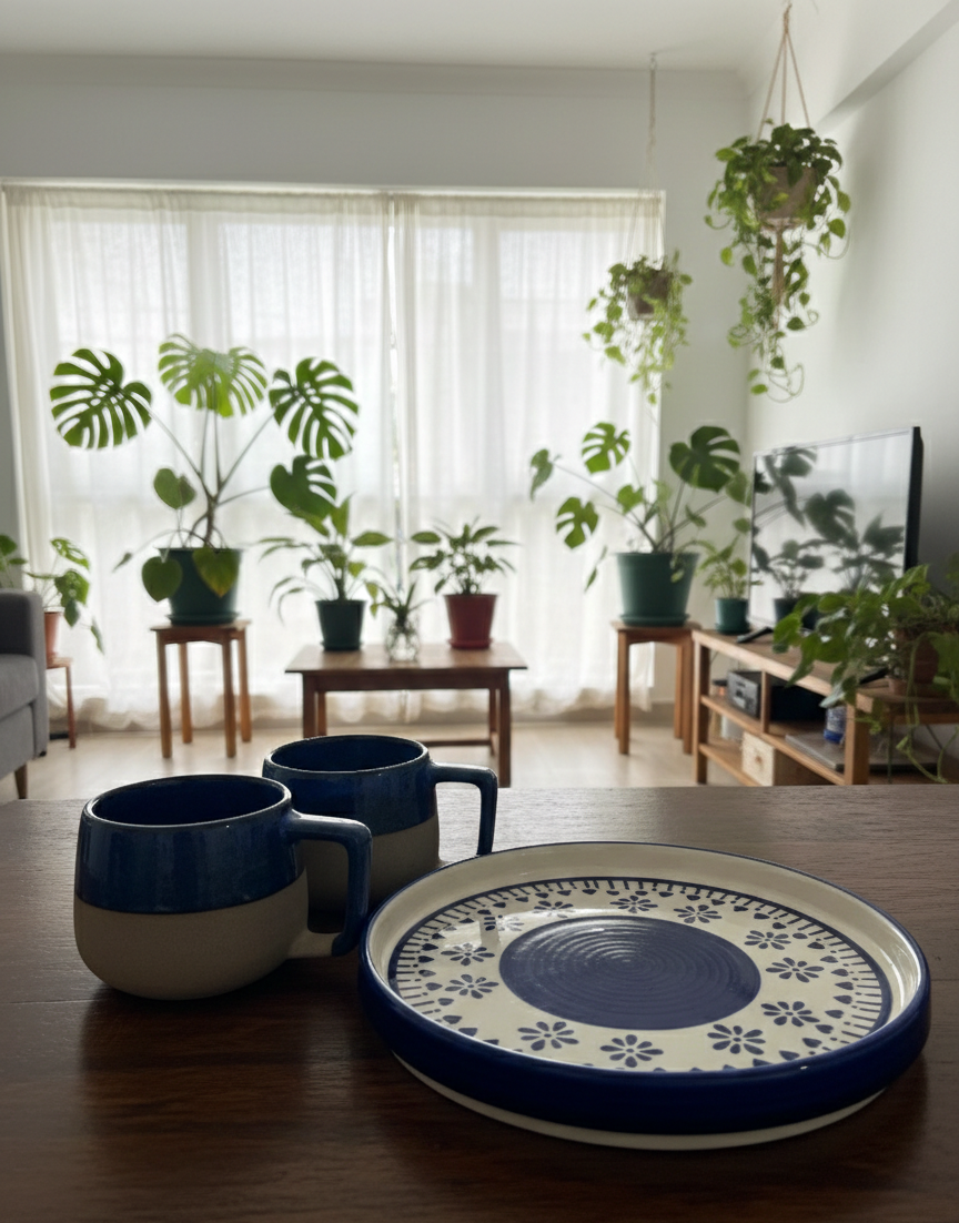 The "Indigo Dip" Mug & Tray Set