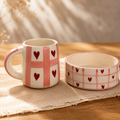 Handpainted ceramic heart mug and matching bowl set with pink checkered pattern