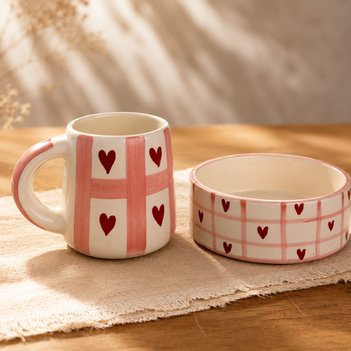 Handpainted ceramic heart mug and matching bowl set with pink checkered pattern