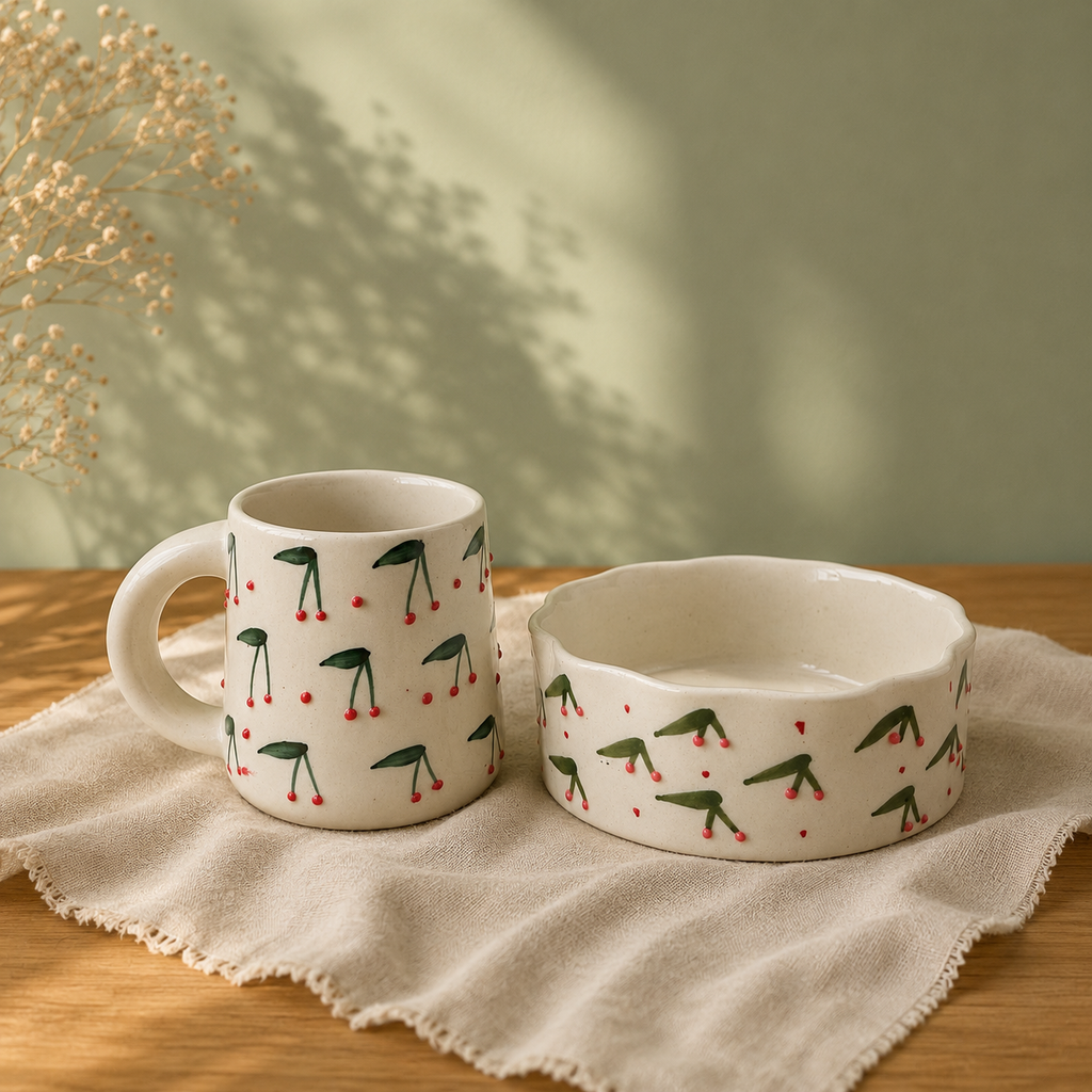 Handpainted ceramic cherry print mug with matching scalloped-rim bowl
