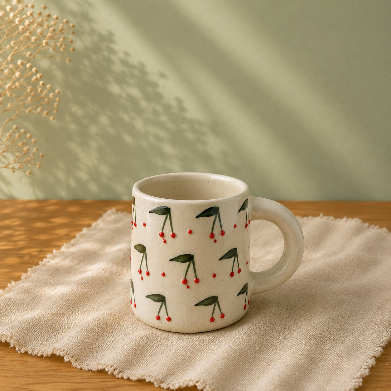 Handpainted ceramic mug with cherry print pattern, solo mug

