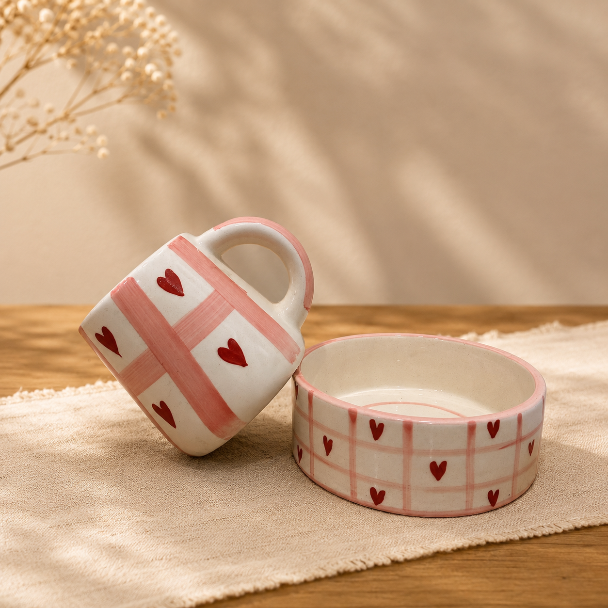 Handpainted ceramic heart mug and matching bowl set with pink checkered pattern