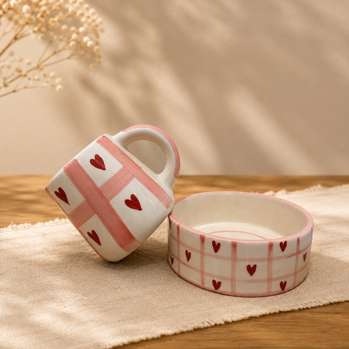 Handpainted ceramic heart mug and matching bowl set with pink checkered pattern